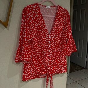 Kancystore Red & White Animal Print Tie-Front V-Neck Blouse